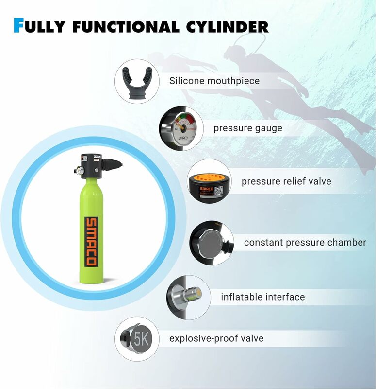 SMACO-0.7L Mini Scuba Diving Tank Portable Diving Cylinder Underwater Breath Device Oxygen Tank