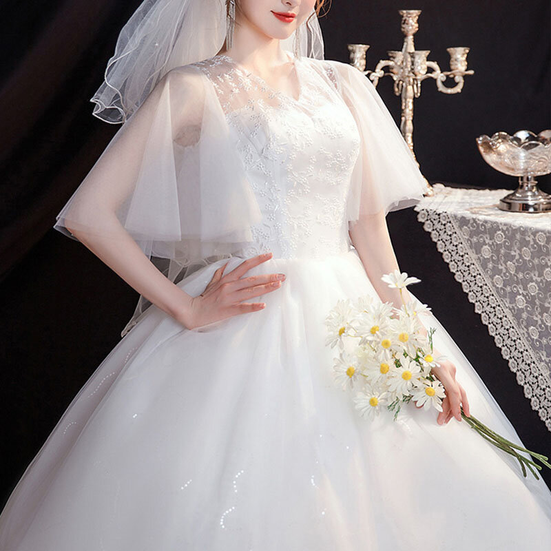 GIYSILE Lace Master Wedding Dress Minimalist Arm Covering Bride Plus Size V-neck White Wedding Dresses for Women Marriage Dress