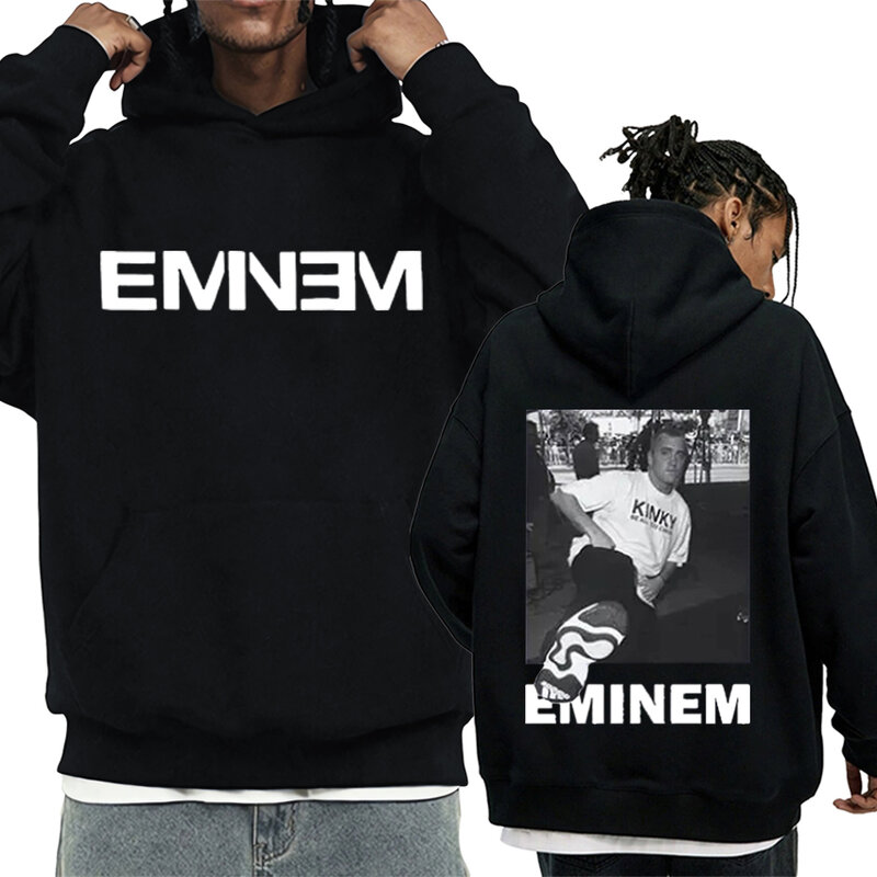 Rapper Eminem Hip Hop Hoodie kebesaran pria wanita modis hitam lengan panjang kaus bulu Unisex kasual vintage pullover