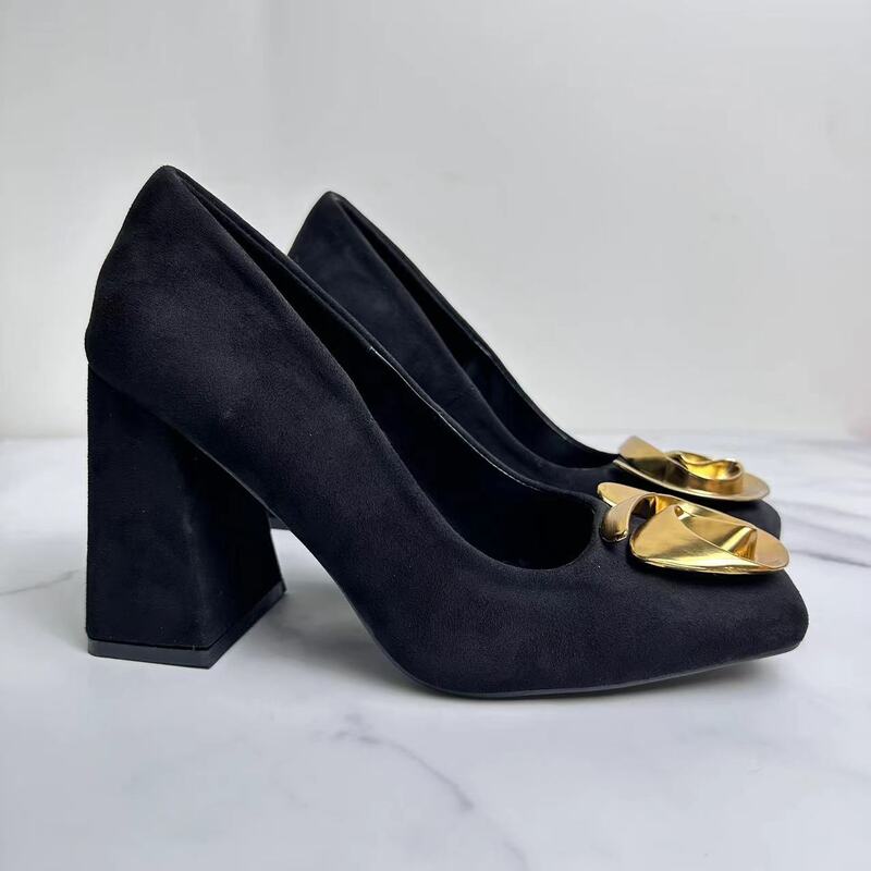 New 2024 Women's Shoes Black Sheep Suede Metal Flowers Decorated With Super High Heels Square Head Shoes.