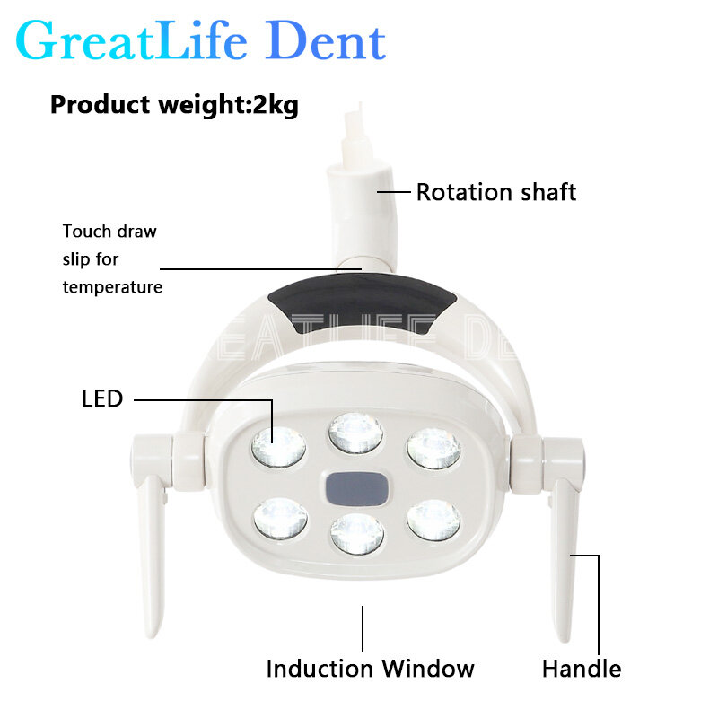 GreatLife-Lámpara de iluminación de 8 grados para dentista, iluminación de inducción para silla Dental, cirugía, luz quirúrgica sin sombras, 15w, 6Led