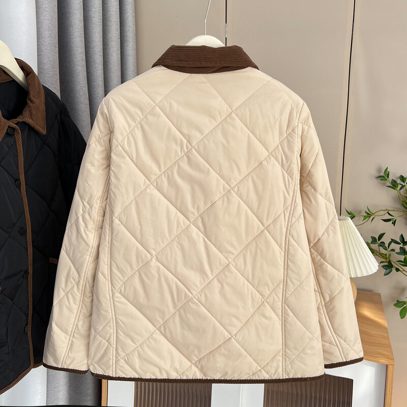 플러스 사이즈 여성용 캐주얼 따뜻한 파카, 심플한 배색 라펠 얇은 면 패딩 코트, 가을 및 겨울 100kg