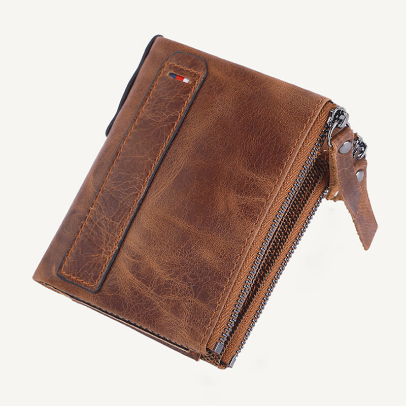 رجل حقيقي محفظة جلدية فاخرة مصمم الرجال محفظة حامل بطاقة محافظ قصيرة مع سستة جيب الرجال المال حقيبة هدية