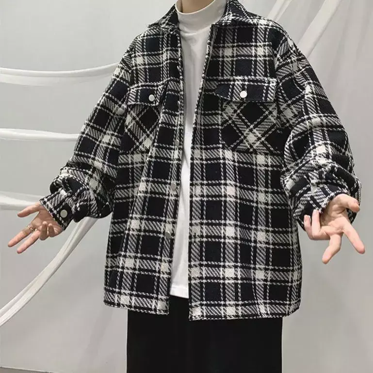 Camisa xadrez de manga comprida masculina, casaco grosso de lã com um único peito, bolsos soltos, gola virada para baixo, camisas quentes, primavera e outono