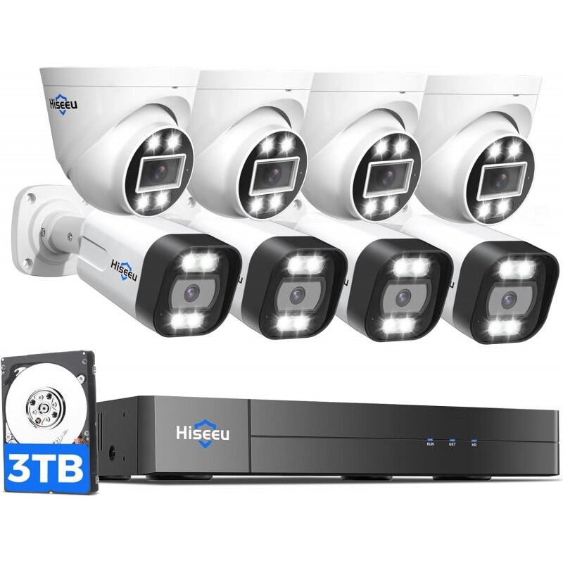 [2-Way Audio 121°Wide Angle] Hiseeu 4K 8MP PoE Security Camera System,8Pcs 5MP IP Wired Security Cameras Indoor Outdoor,PoE NVR