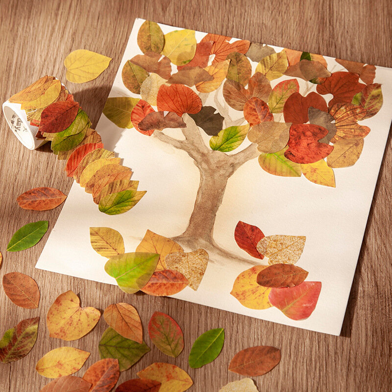 Rollo de 50 piezas de hojas caídas, cinta adhesiva decorativa, Washi, Diy, para álbum de recortes, papelería japonesa
