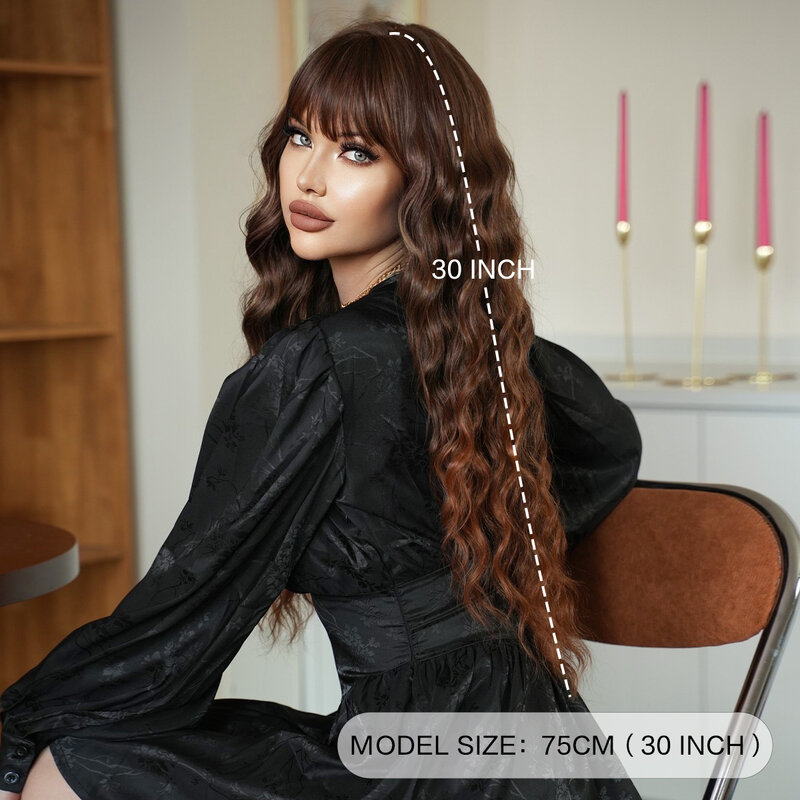 7JHH WIGS-Perruque longue ondulée avec frange, cheveux synthétiques, ondulés, bruns, haute densité