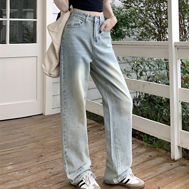 Spijkerbroek Voor Dames Zakken Lange Streetwear Lente Vintage Hoge Taille Koreaanse Stijl Met Lovertjes En Retro Fit