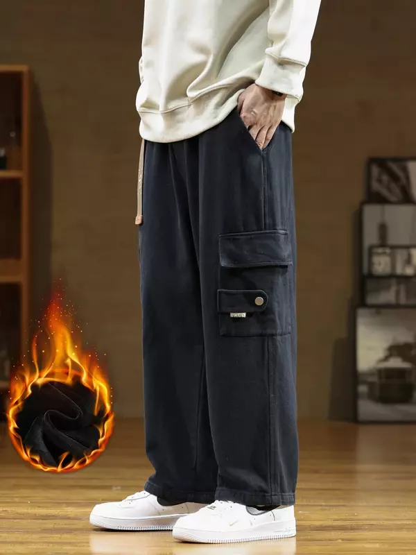 2024 Winter New Cargo Pants Men Fleece Liner Thick Warm Cotton Casual Wide Pants Male Loose Straight Trousers Big Size 8XL