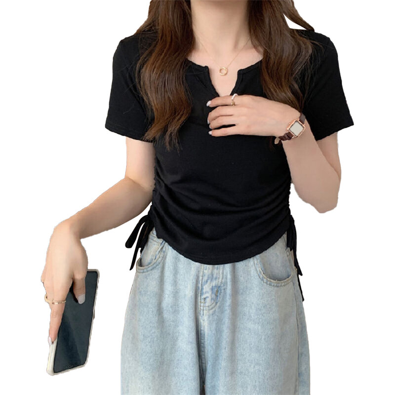 Top donna T Shirt Daily Holiday Casual Draw String poliestere manica corta leggermente elasticizzato tinta unita di alta qualità