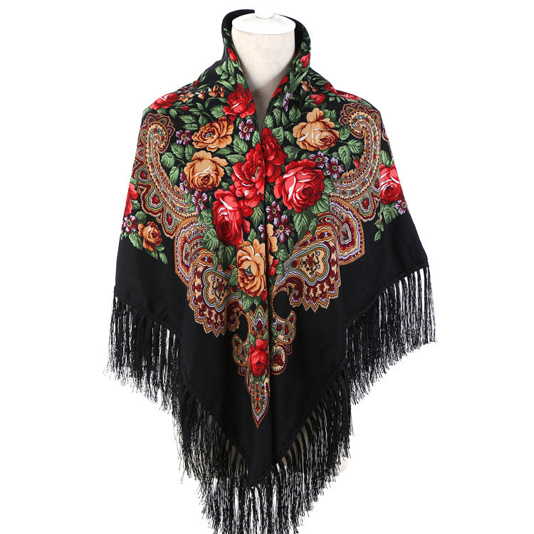 Women Russian Style Peony Floral Printed Long Tassel Large Square Scarf Warm Cotton Wrap Traditional Ethnic Mexican Shawl
