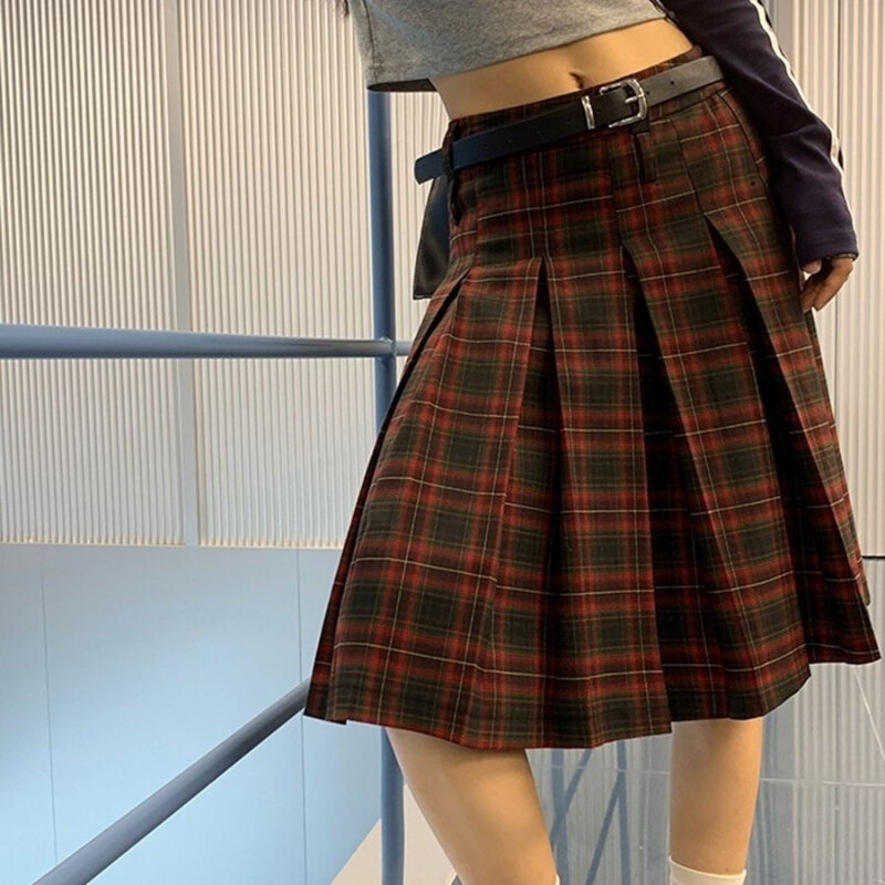 Deptown kobiety plisowana, w kratę spódnica w stylu Vintage styl Preppy średniej długości spódnica Harajuku koreańska moda Retro japońska klasyka Basic