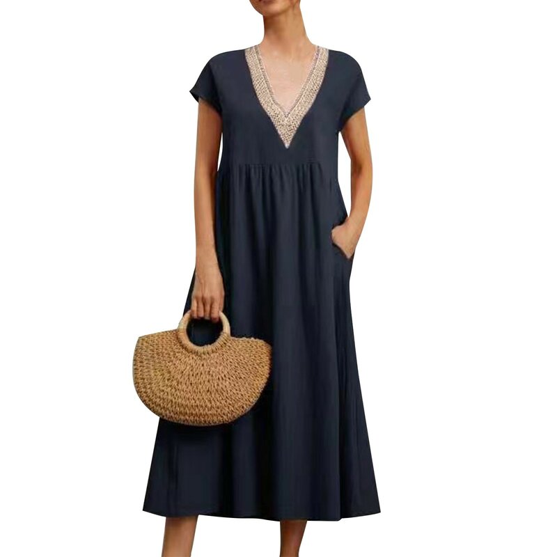 Women'S Solid Dresses Lace Splicing V-Neck Short Sleeve Loose Cotton And Linen Dress With Pockets Daily Causal All-Match Dress