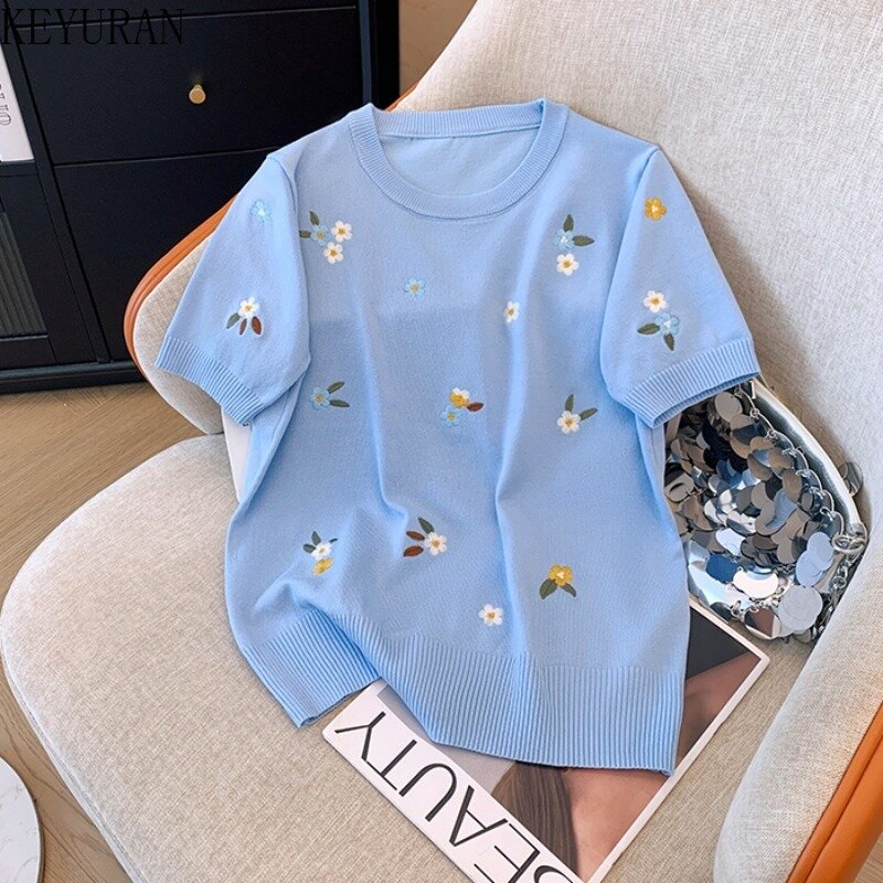 Женский трикотажный свитер с цветочной вышивкой, винтажная свободная простая футболка с коротким рукавом и круглым вырезом, лето 2024