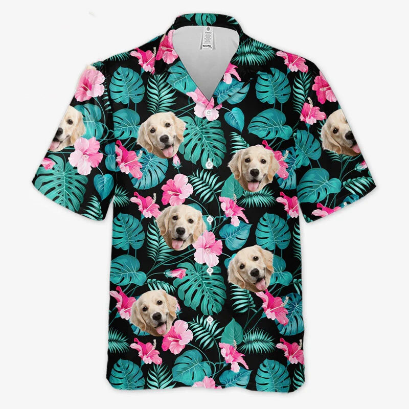 メンズショートビーチシャツ,半袖モデル,花,犬のプリント,特大,休暇,夏のノベルティ