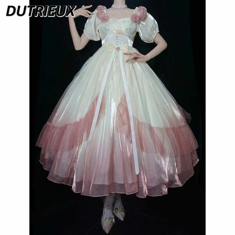 Vestido largo de Lolita con flores rosas degradadas, traje elegante de malla de manga corta, adelgazante, cintura, Verano