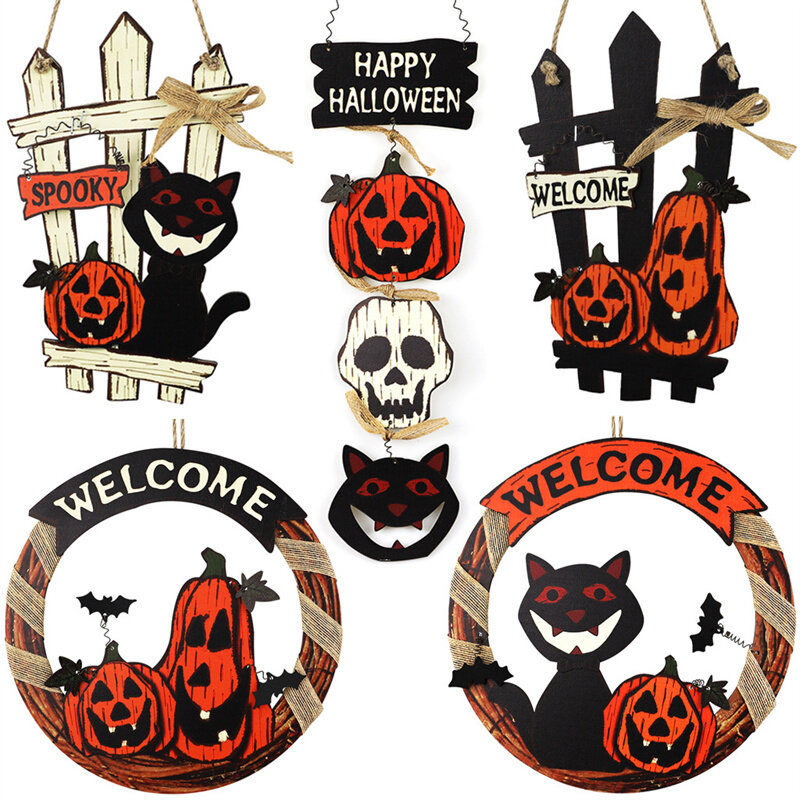 Kartu Kayu selamat datang Halloween Garland pintu gantung labu hitam kucing Istana pemakaman hantu kostum dekorasi pesta Halloween