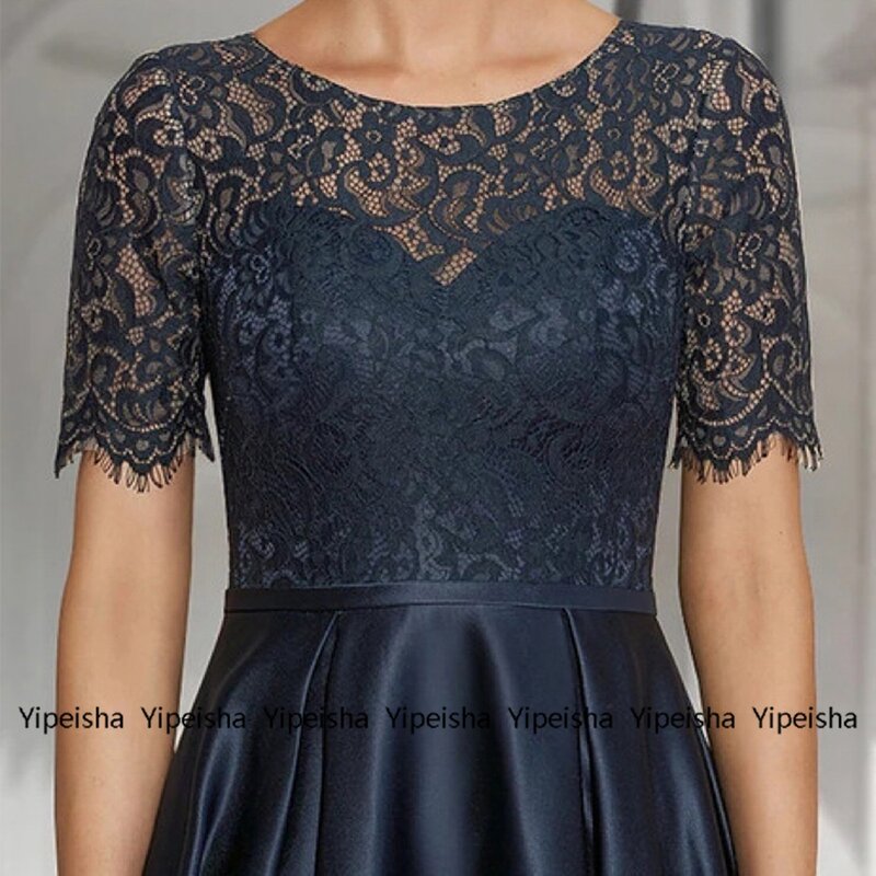 Yipeisha Satin High Low Mother of the Bride Dresses Summer 2023 Short Sleeve Dark Navy Women Dress Lace Mère Formelle Robes New