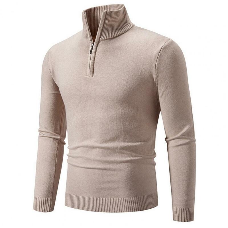 Sweater musim dingin pria, Sweater bergaya ritsleting tinggi kerah Slim Fit hangat elastis pertengahan untuk musim gugur/musim dingin