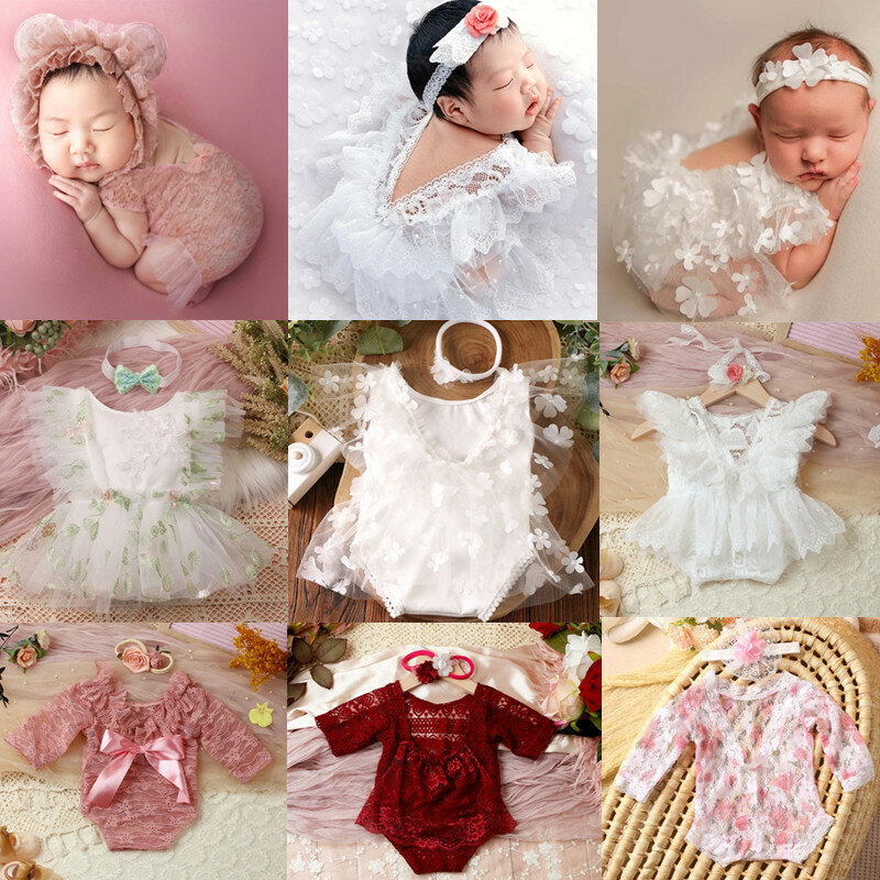 Pakaian properti fotografi baru lahir, gaun renda lucu putri bayi perempuan + bandana bunga Set baju pemotretan foto anak perempuan baru lahir