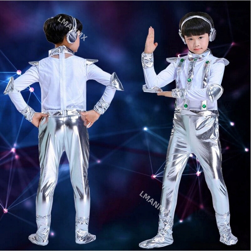 Costume de robot pour enfants, blanc, argent, astronome, performance spatiale, spectacle de danse sur scène, vêtements de temps, unisexe, garçon ou fille