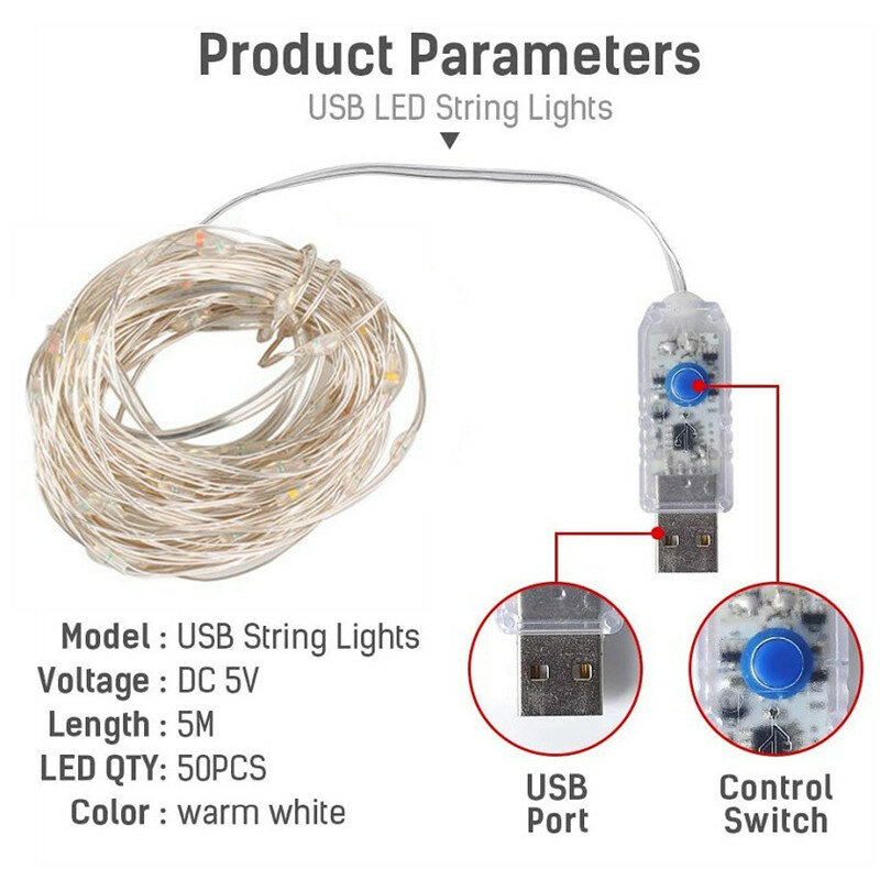 Guirxiété lumineuse LED dégradée en fil de cuivre, USB, guirlandes, guirxiété, extérieur, décoration de Noël, 5m-30m, 2022