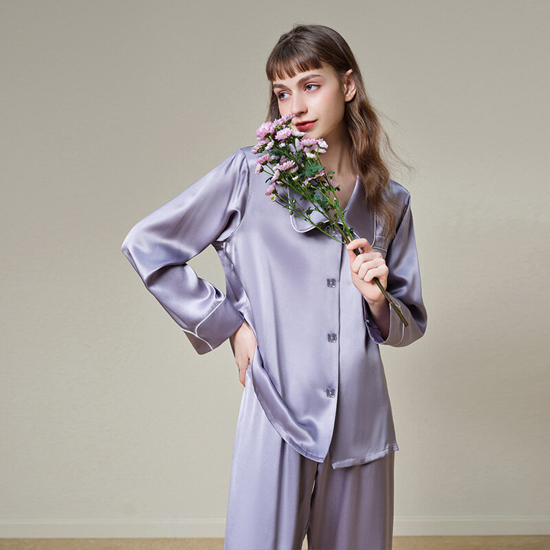 Women's Pajamas Sets Spring Autumn 2 Piece Buttons Down Pyjama Faux Silk Satin Sleepwear Long Sleeve Pijama Mujer Pjs Homewear