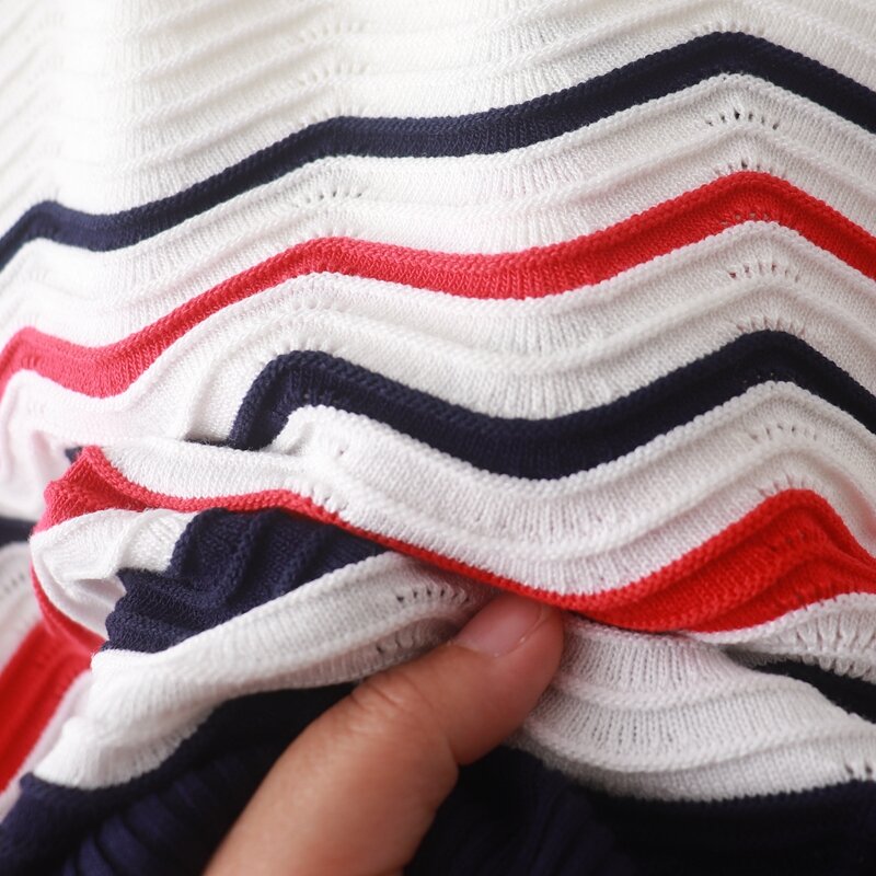 Summer new contrasting wave stripes embroidered puppy round neck pullover short sleeved knitted T-shirt top versatile and slimmi