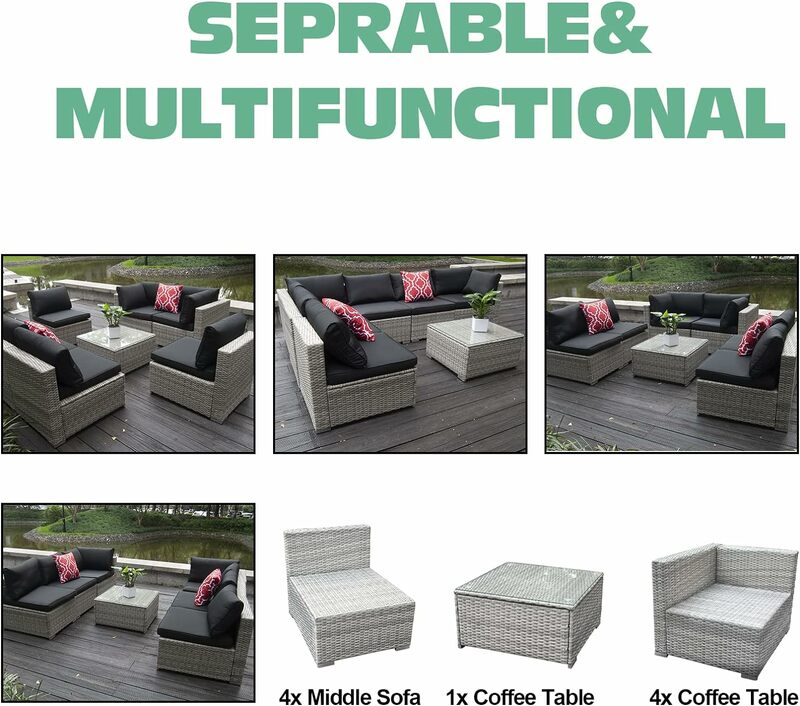Outdoor Sofa Set PE Rattan Wicker Sectional Furniture  Couch w/Washable Seat Cushions & Modern Glass Coffee Table