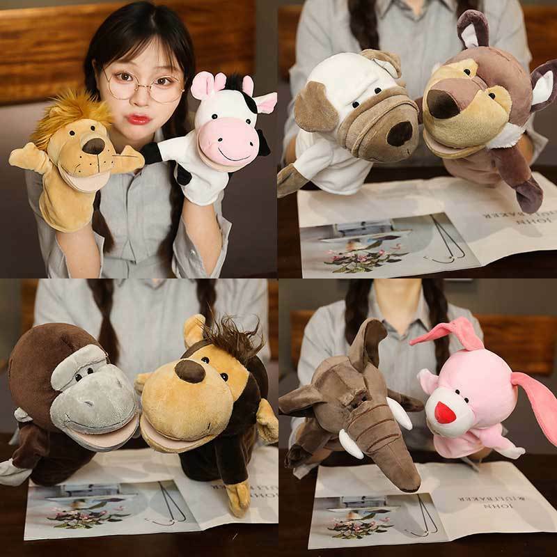 Animales de peluche para niños, marionetas de mano, marionetas Kawaii, juguetes educativos para bebés, león, elefante, conejito, Mono