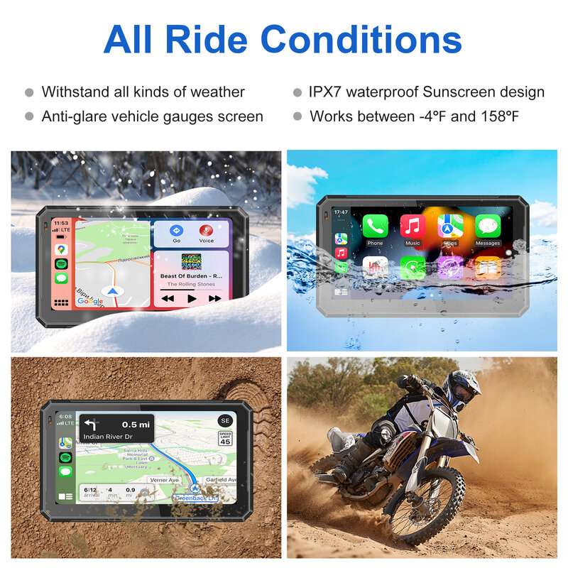 Impermeável motocicleta BT Touch Screen Display, navegação GPS portátil, sem fio Apple Carplay, Android Auto IPX7Waterproof, 7"