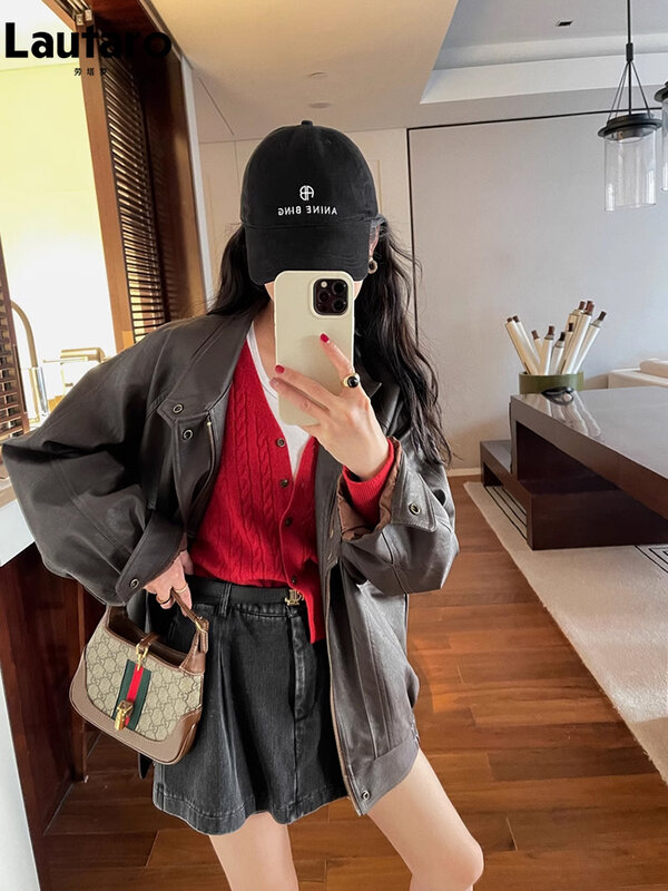 Lautaro Autumn Cool Brown Oversized Leather Jacket Women Drop Shoulder Long Sleeve Zippper High Quality American Retro Clothing
