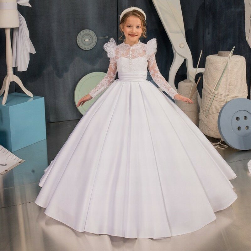 Wspaniały biały satynowy dziewczęca sukienka w kwiaty na wesele koronka długość podłogi urodzinowy konkurs księżniczki pierwszej komunii suknie balowe