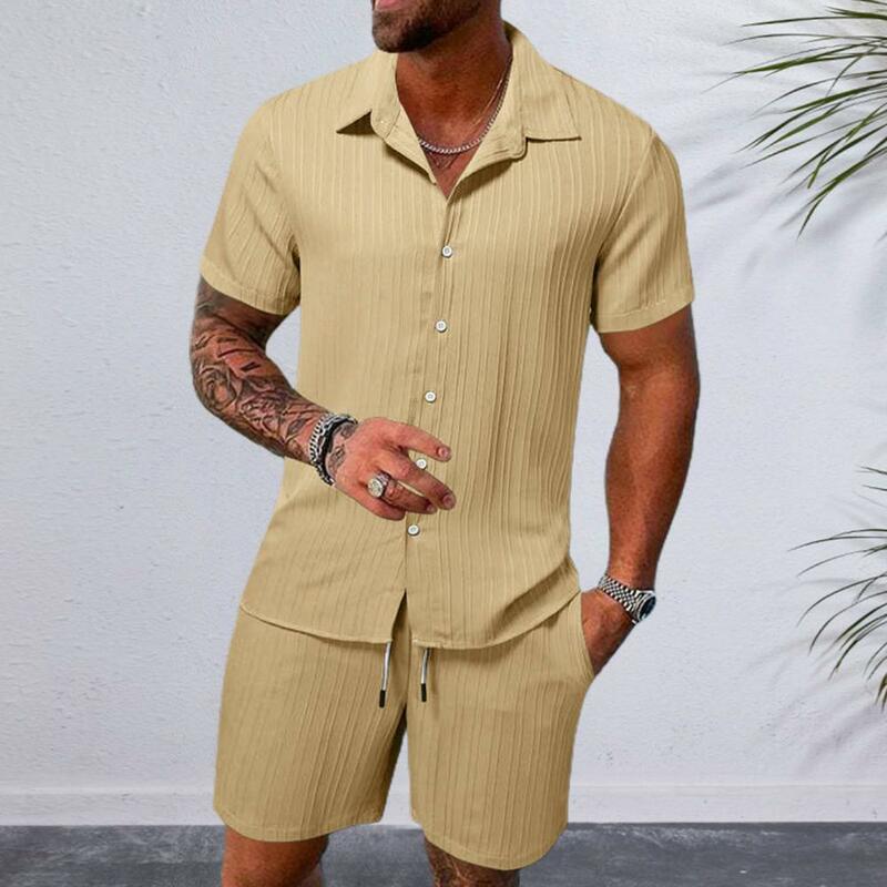 Terno casual de duas peças masculino, camisa de lapela com cintura de cordão, conjunto de shorts de cor sólida, confortável para verão
