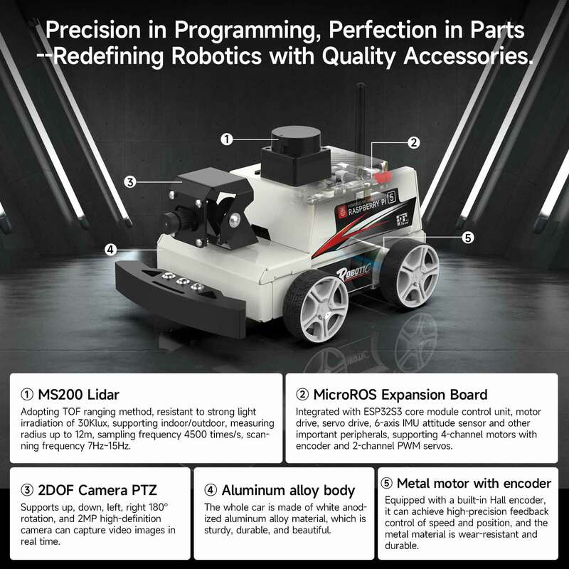 Raspberry Pi 5 Car ROS2 Kit Robô Educacional, MS200 TOF Suporte Lidar, Mapeamento STEM, Navegação, AI Reconhecimento Visual, Python3