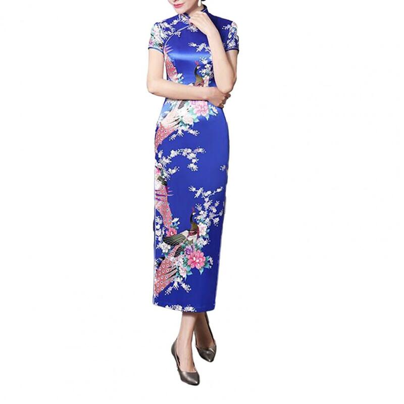 Robe en satin de style national chinois pour femme, imprimé, col montant, manches courtes, fente latérale haute, Cheongsam, soie, mince, Qipao