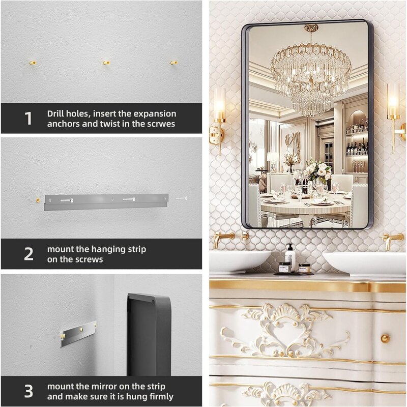 24 × 20 Cal lustro ścienne do łazienki, prostokątna czarna metalowa rama lustra do łazienki, nowoczesny ścienny lustro kosmetyczne do łazienki