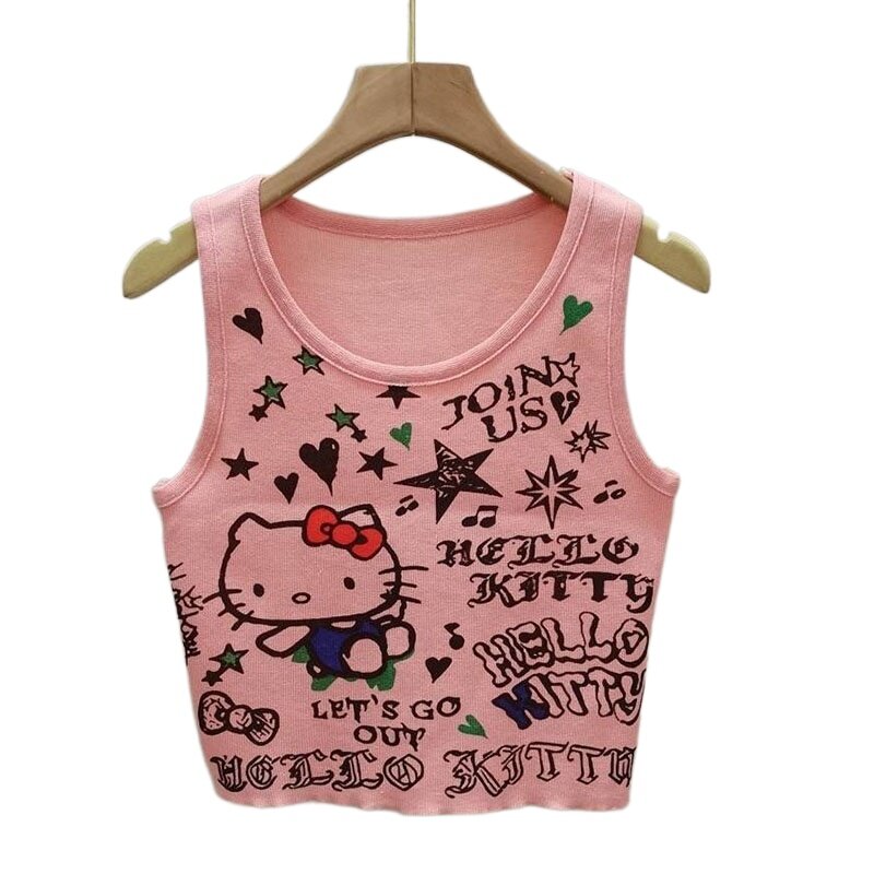 Sanrio Hello Kitty damskie Camisole Y2k seksowna letnia dziewczyna kreskówka śliczna podstawowa elastyczna podkoszulek jednolity Tank Top prosta, na co dzień koszulka na ramiączka