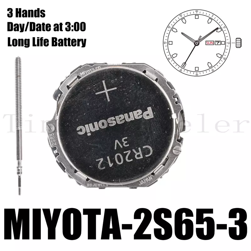 2s65 Movement Miyota 2S65 Movement Size 10 1/2’’’ Height 4.22mm Long Life Battery 3 Hands Date and Day at 3:00