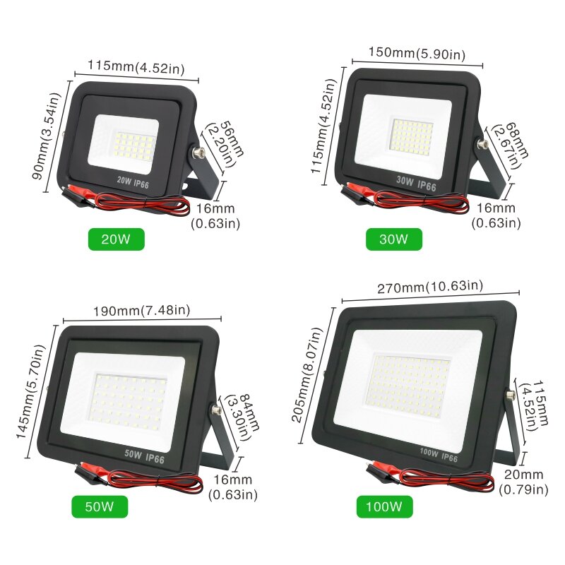 Holofote LED para exterior, holofote, holofote, IP66, impermeável, refletor, portátil, 12 volts, 20W, 30W, 50W, 100W, DC12V