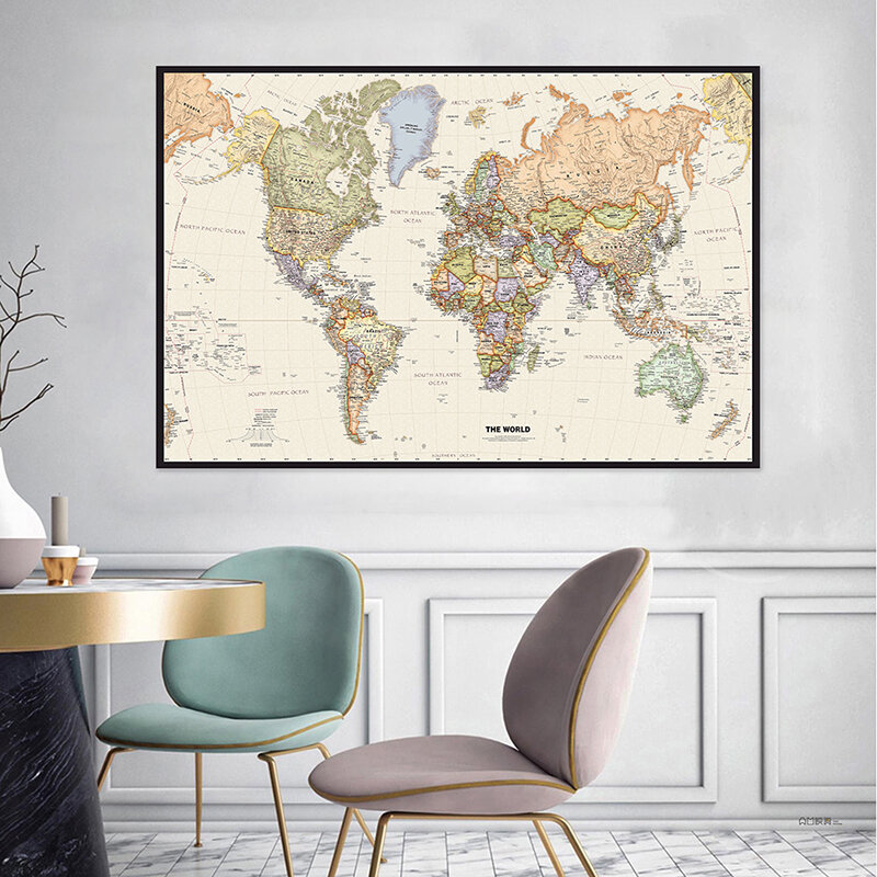 O mapa do mundo retro com detalhes pintura de lona, parede arte cartaz, material educacional escolar, decoração, 60x40cm