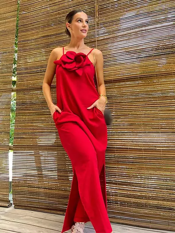 Vestido de estilinque vermelho flor 3D feminino chique, senhora do escritório Fashion, sem encosto vestidos de alta divisão, casual vestido de rua feminino solto