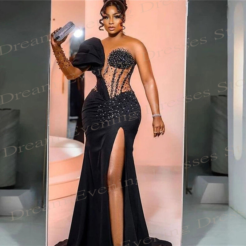 Luxury Classic Black Mermaid Charming Evening Dresses One Shoulder Satin Prom Gowns With Beading Sexy Side Split Robes De Soirée