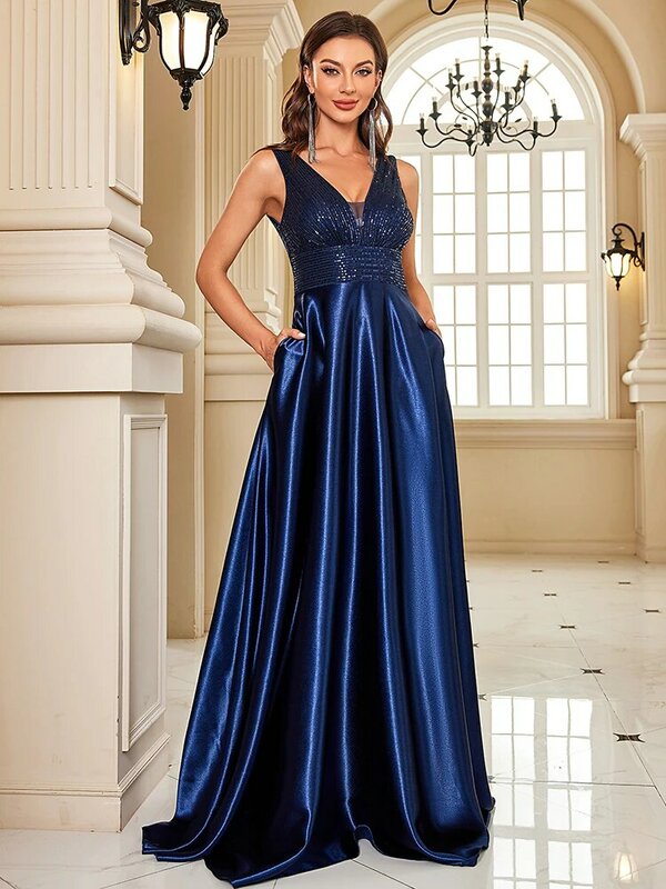 Lucyinlove Elegant Sequins Evening Dress For Women 2024 Deep V-neck Satin Prom Party Green Dress Floor Length Blue Formal Gowns