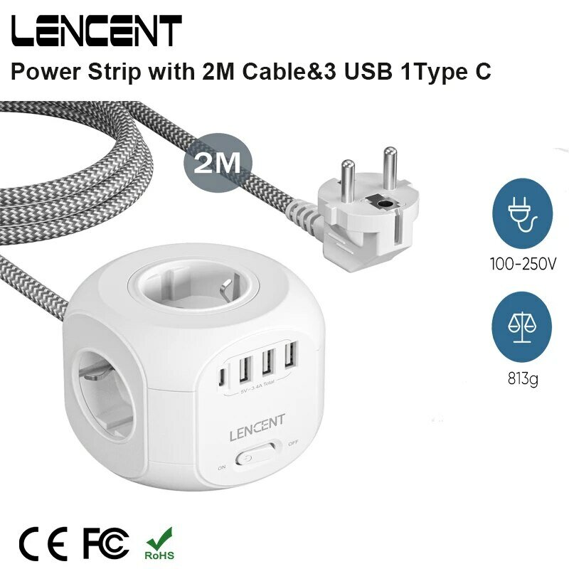 LENCENT EU Plug Power Strip with 4 AC Outlets 3 USB Port 1 Type C 2M/3M Braided Cable Multi Socket with Switch for Home