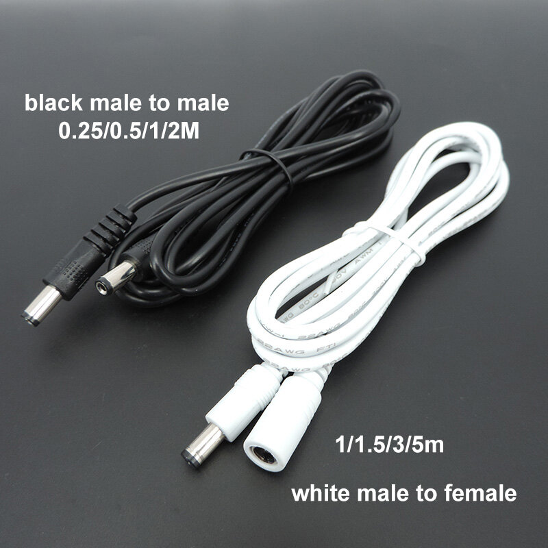 DC macho para macho para macho fêmea adaptador de alimentação, cabo preto, fio conector, cabos de extensão 12V, 22awg, 5.5x2.1mm