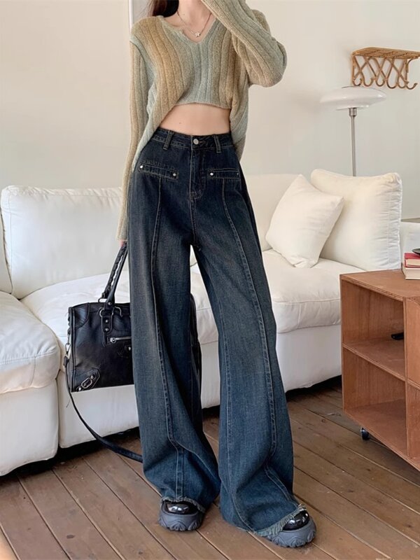 Women's Blue Oversize Y2k Jeans Harajuku Japanese 2000s Style Baggy Denim Trousers Vintage Trashy Oversize Loose Jean Pants 2024