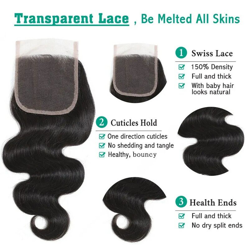 Cheveux humains indiens bruts avec fermeture en dentelle transparente, cheveux de bébé, fermeture en dentelle transparente HD, une pièce, uniquement pour les femmes noires, 4x4