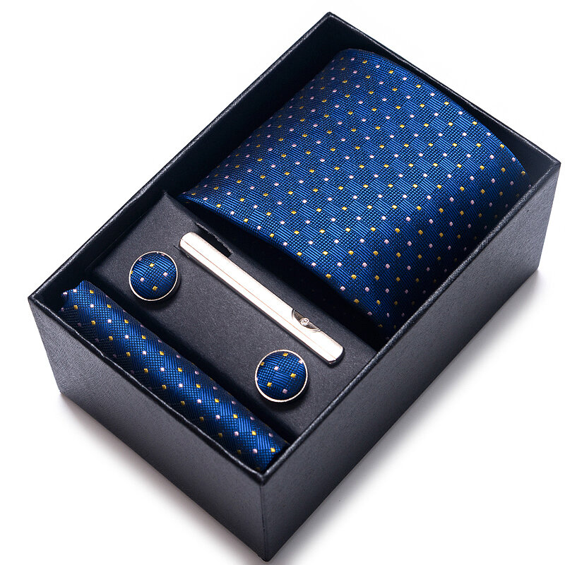 100% ผ้าไหมยี่ห้อ Tie ผ้าเช็ดหน้า Cufflink ชุดสำหรับชายเนคไท Holiday ของขวัญกล่อง Blue Gold ชุดอุปกรณ์เสริมงานแต่งงาน Gravatas
