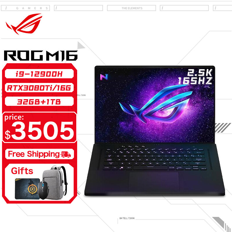 ASUS ROG Flow X16 게임용 노트북, 12 번째 인텔 코어 i9 12900H 32G RAM 1T SSD RTX3080Ti-16GB, 2.5K 스크린, 165Hz, 16 인치 E-스포츠 컴퓨터